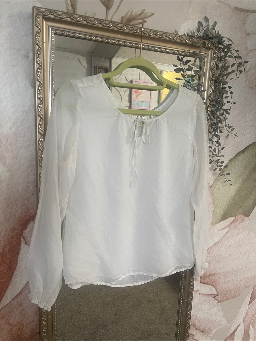 White Long-Sleeve Tie-Neck Blouse
